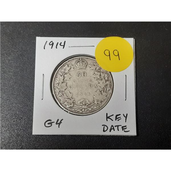 1914 Canadian Silver 50 Cents. Key Date. G4.
