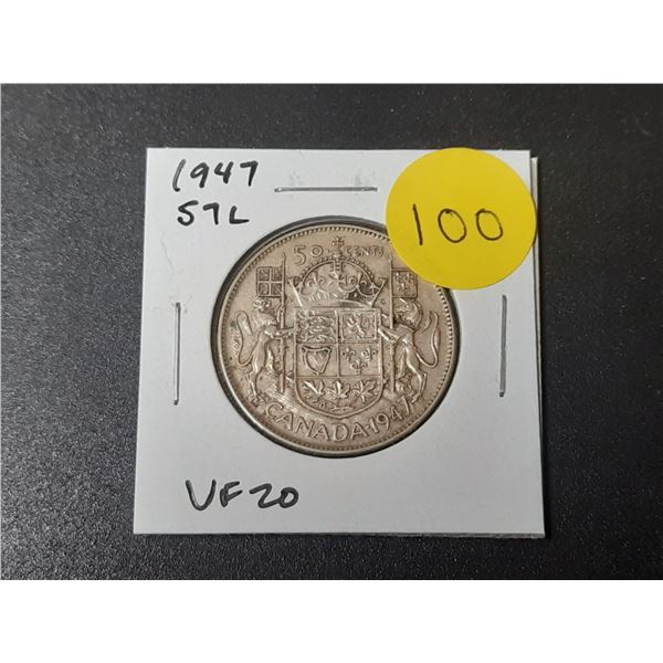 1947 Straight 7 Left Canadian Silver 50 Cents. VF20.