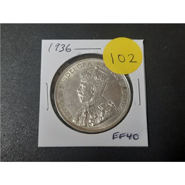 1936 Canadian Silver Dollar. One Year Type. Last issue of George V. EF40.