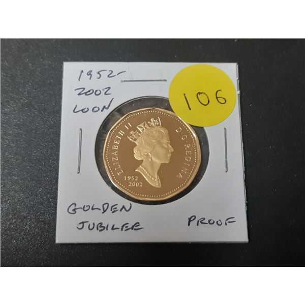 1952 – 2002 Golden Jubilee of Queen Elizabeth Loonie Dollar. Proof with Ultra Heavy Cameo.