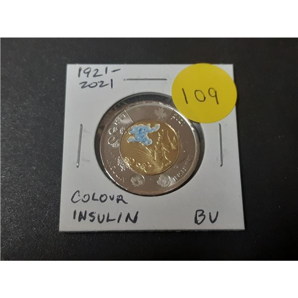 1921 – 2021 Colourized Centennial of Insulin $2 Toonie. Doctors Banting and Best. BU.