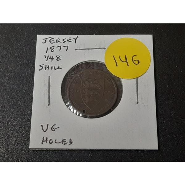 Jersey. 1877 1/48 Shilling. Queen Victoria. VG. Holed.