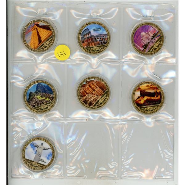 Set of 7 Wonders of the World medals. Kukulcan Pyramid, Roman Colosseum, Taj Mahal, Machu Pichu, Pet
