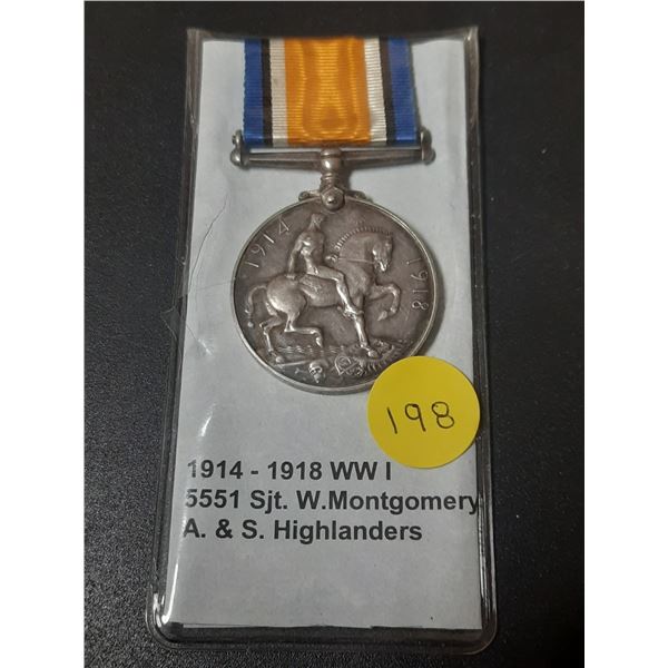 World War I British War Medal 1914 - 1918. Awarded to Sjt. W. Montgomery A & S Highlanders.