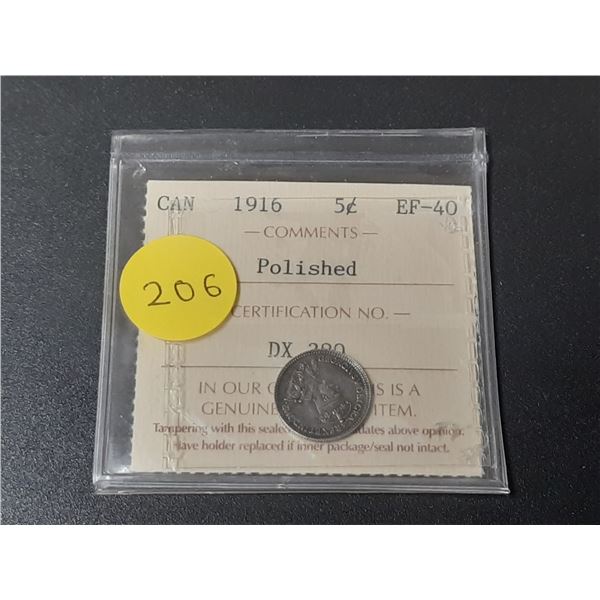 1916 Canadian Silver 5 Cents. ICCS certified and graded EF40 Polished.