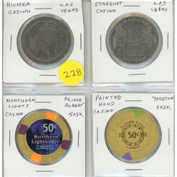 Set of 4 Casino Tokens. From Las Vegas plus Northern Lights & Painted Hand.