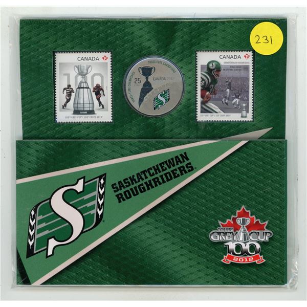2012 Saskatchewan Roughriders 25 Cents plus 2 Stamps. Housed in its original unopened Royal Canadian
