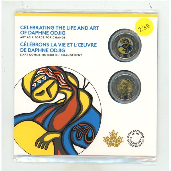 2025 Celebrating the Life and Art of Daphne Odjig. Set of 2 $2 Toonies, regular and colourized. Hous