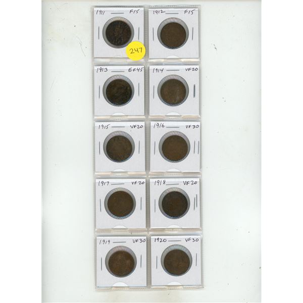 Set of 10 Canadian King George V Large Cents 1911 – 1920 complete.