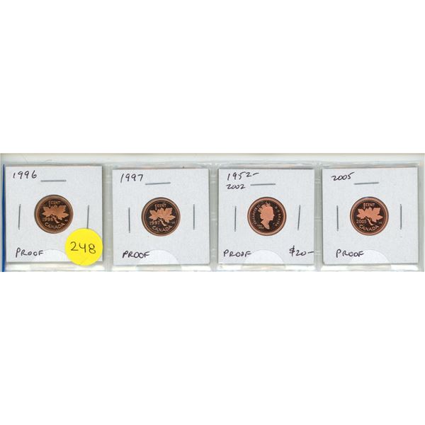Set of 4 Canadian Proof Small Cents 1996, 1997, 1952-2002 and 2005. All with Ultra Heavy Cameos.