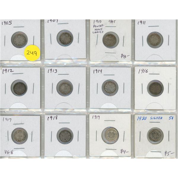 Set of 12 Canadian Silver 5 Cents 1905 – 1920. Includes 1910 Pointed Holly Leaves with Cros