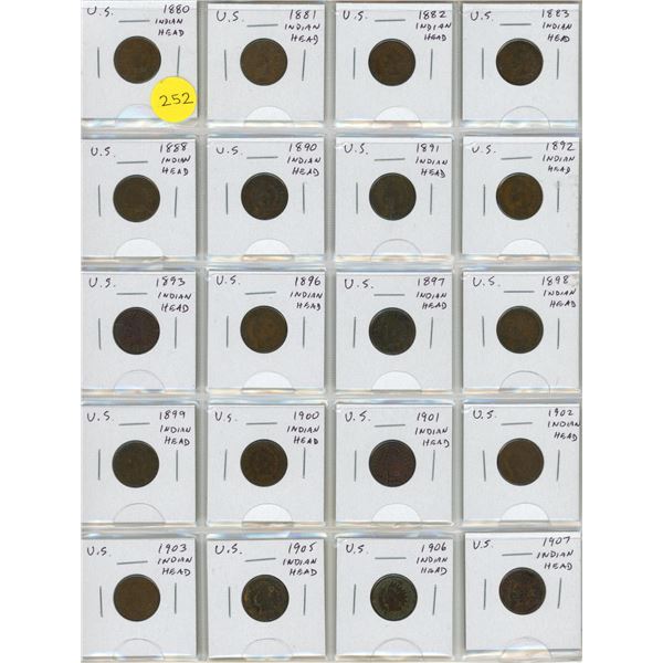Set of 20 different U.S. Indian Head Cents dating from 1880 – 1907.