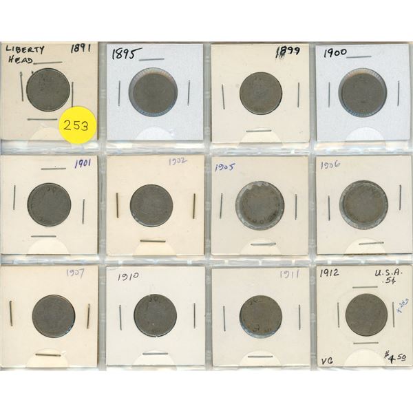 Set of 12 different U.S. Liberty Head Nickel 5 Cents 1891 – 1912.