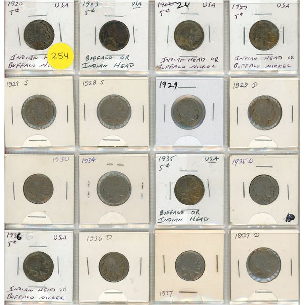 Set of 16 different U.S. Buffalo Nickels 1920 – 1937D.