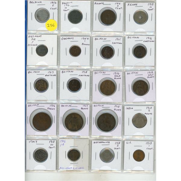 Set of 20 World War I coins from Belgium, France, Germany, Britain, India, Italy, Netherlands and US