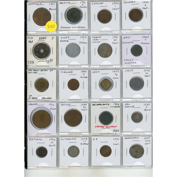 Set of 20 World War II coins from Australia, Belgium, Ceylon, Colombia, Fiji, France, French Indo-Ch