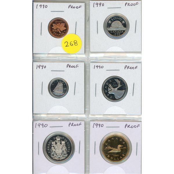 Set of 6 1990 Proof coins from Cent to Loonie Dollar.