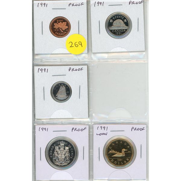 Set of 5 1991 Proof coins from Cent to Loonie Dollar. Missing the 25 Cents.