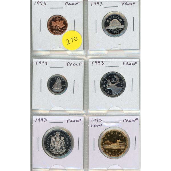 Set of 6 1993 Proof coins from Cent to Loonie Dollar.