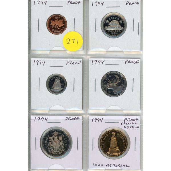 Set of 6 1994 Proof coins from Cent to Loonie Dollar (War Memorial).