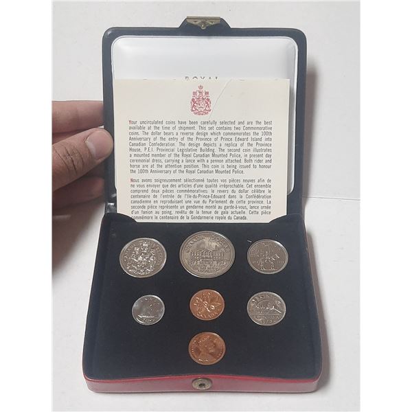 1973 7-coin Custom Set with two 1 Cent coins. Housed in its original RCM case with gold Canada Coat 