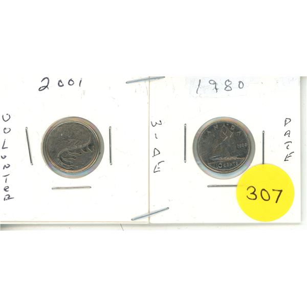1980-2001 CANADIAN DIME, 1980 WIDE DATE & 2001 VOLUNTEER
