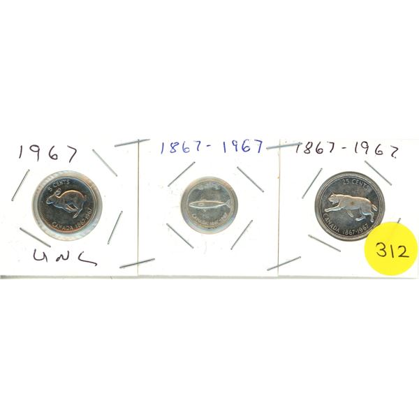 1967 3-CANADIAN CENTENIAL  NICKLE,DIME & QUARTER