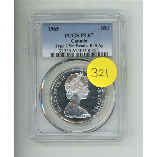 1965 Canada One Dollar - PCGS PL67 - Type 2 Sm Beads, Bl 5 Ag.
