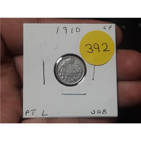 1910-PL Canadian Nickle,92.5 % SILVER, POINTED LEAFS