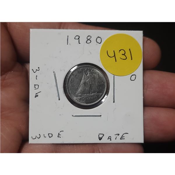 1980 Canadian Dime, WIDE O/DATE