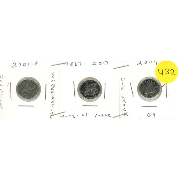 2001-2017 3-Canadian Dimes, Volunteer,Wings of Peace, Die Crack Error 2009