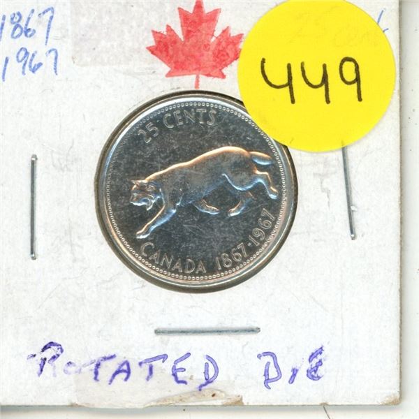 1967 Canadian Silver Quarters, Lynx, Rotated Die