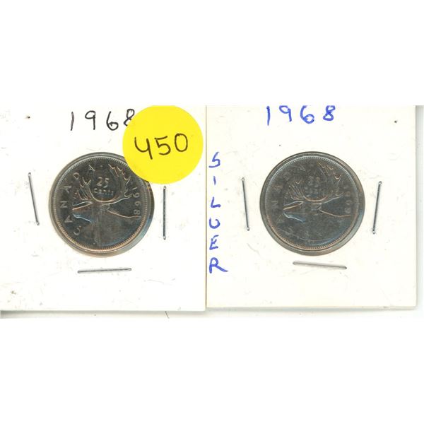 1968 Canadian Silver Quarters x 2