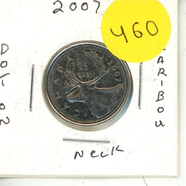 2007 Canadian Quarter,DIE ERROR, DOT ON CARIBOU NECK