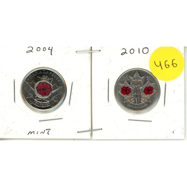 2004 and 2010 Canadian Quarters, Red Poppy WC & Soldier Between Poppys.