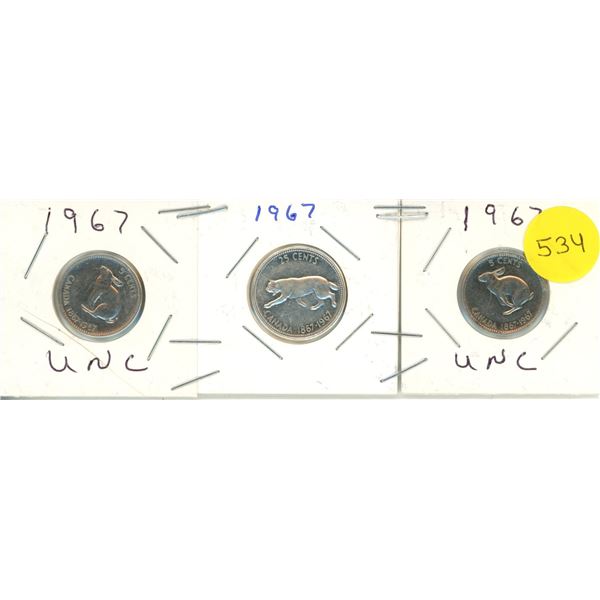 1967 Canadian Centenial Coins,2-Nickles & 1 Quarter