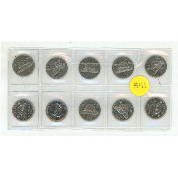 (10) Canada 5 Cents Coins - Different Years.