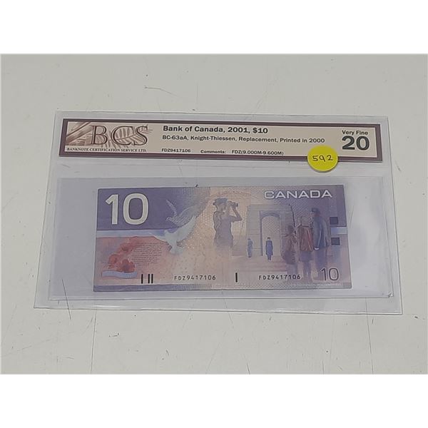 BCS - Bank of Canada, 2001, $10 BC-63aA, Knight-Thiessen, Replacement, Printed in 2000 - Very Fine 2