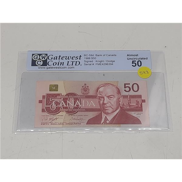 GWC - BC-59d Bank of Canada 1988 $50 Signed : Knight / Dodge - Serial #: FME4296394 - Almost Uncircu
