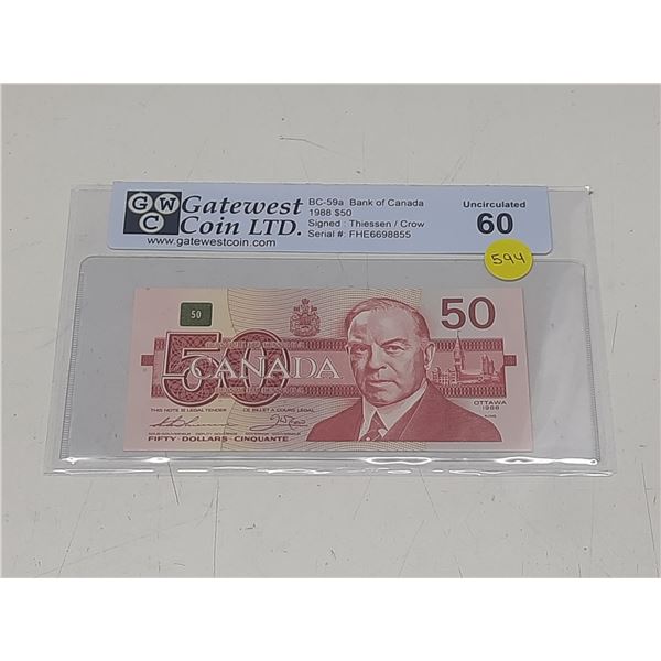 GWC - BC-59a Bank of Canada 1988 $50 Signed : Thiessen / Crow - Serial #: FME6698855 - Uncirculated 