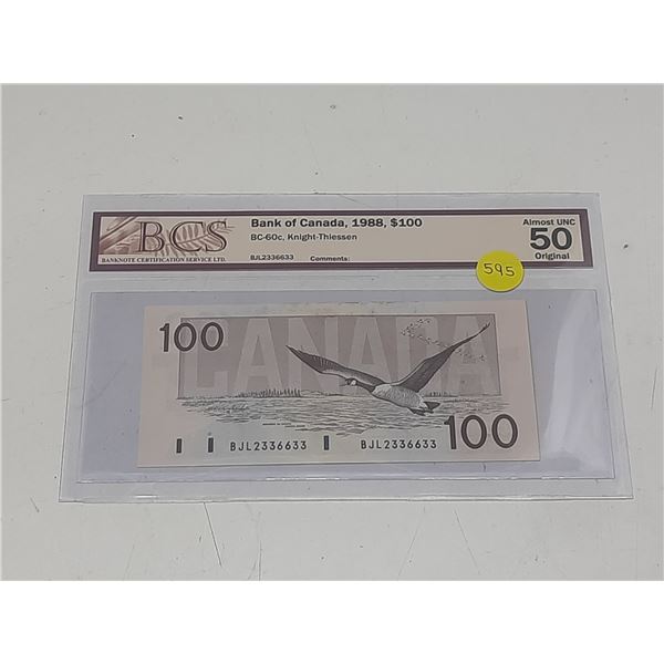 BCS - Bank of Canada, 1988, $100 BC-60c, Knight-Thiessen, Almost UNC 50 Original - BJL2336633.