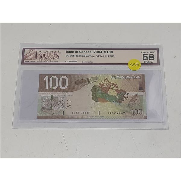 BCS - Bank of Canada, 2004, $100 BC-66b, Jenkins-Carney, Printed in 2009, Almost UNC 58 Original - E