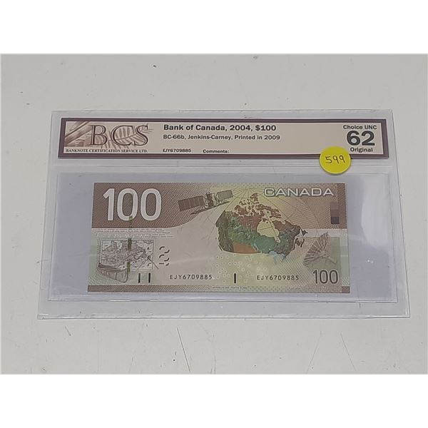 BCS - Bank of Canada, 2004, $100 BC-66b, Jenkins-Carney, Printed in 2009, Choice UNC 62 Original - E