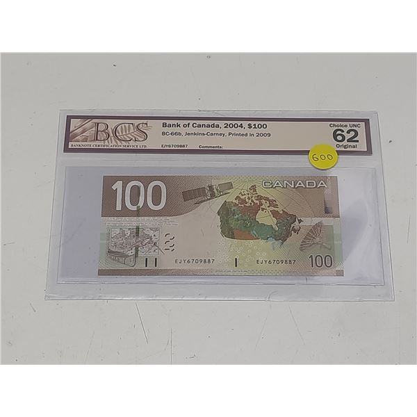 BCS - Bank of Canada, 2004, $100 BC-66b, Jenkins-Carney, Printed in 2009, Choice UNC 62 Original - E