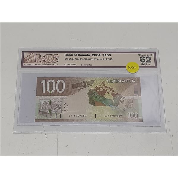BCS - Bank of Canada, 2004, $100 BC-66b, Jenkins-Carney, Printed in 2009, Choice UNC 62 Original - E