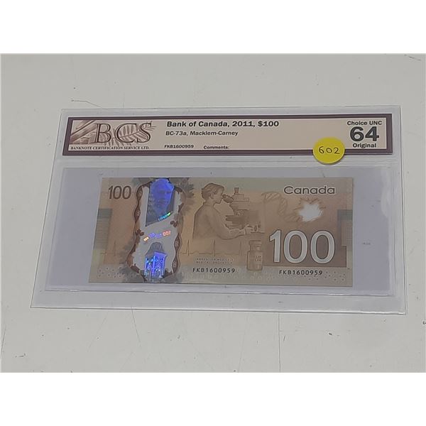 BCS - Bank of Canada, 2011, $100 BC-73a, Macklem-Carney, Choice UNC 64 Original - FKB1600959.