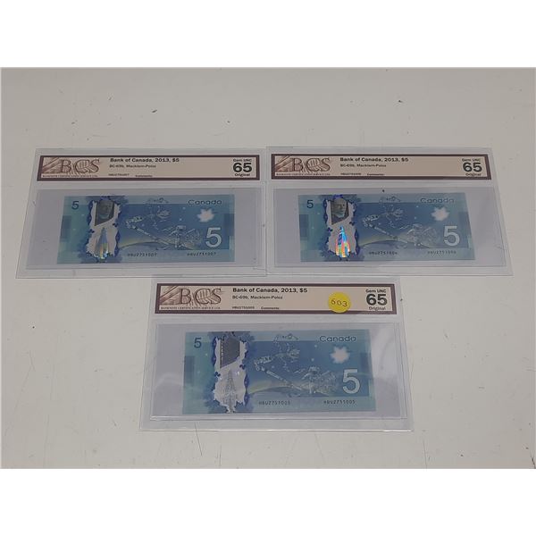 (3) BCS - Bank of Canada, 2013, $5 BC-69b, Macklem-Poloz, Gem UNC 65 Original - HBU2751005. HBU27510