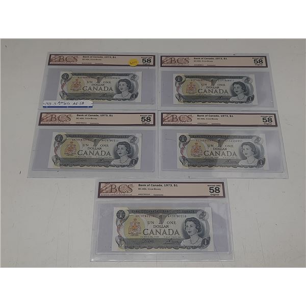 (5) BCS - Bank of Canada, 1973, $1 BC-46b, Crow-Bouey, Almost UNC 58 Original - (AMZ0782210 and AMZ0