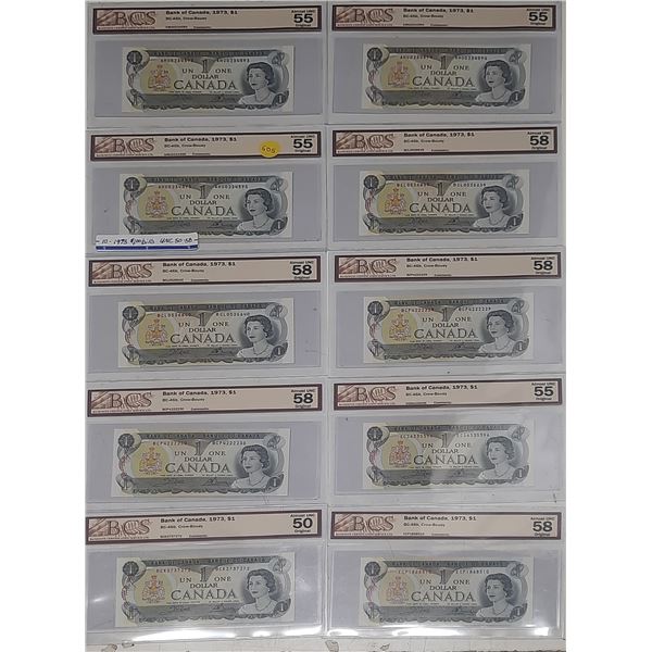 (10) BCS - Bank of Canada, 1973, $1 BC-46b, Crow-Bouey, Almost UNC 55/58 Original - (AMU0234593, AMU