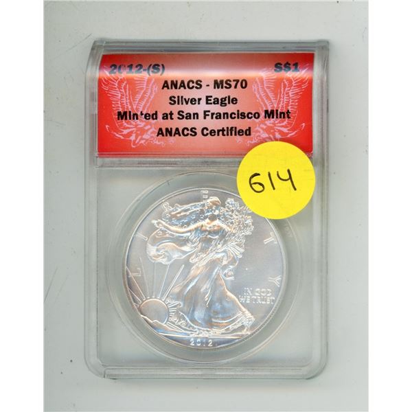 2012-(s) S$1 ANACS-MS70 Silver Eagle-Minted at San Francisco Mint ANACS Certified.